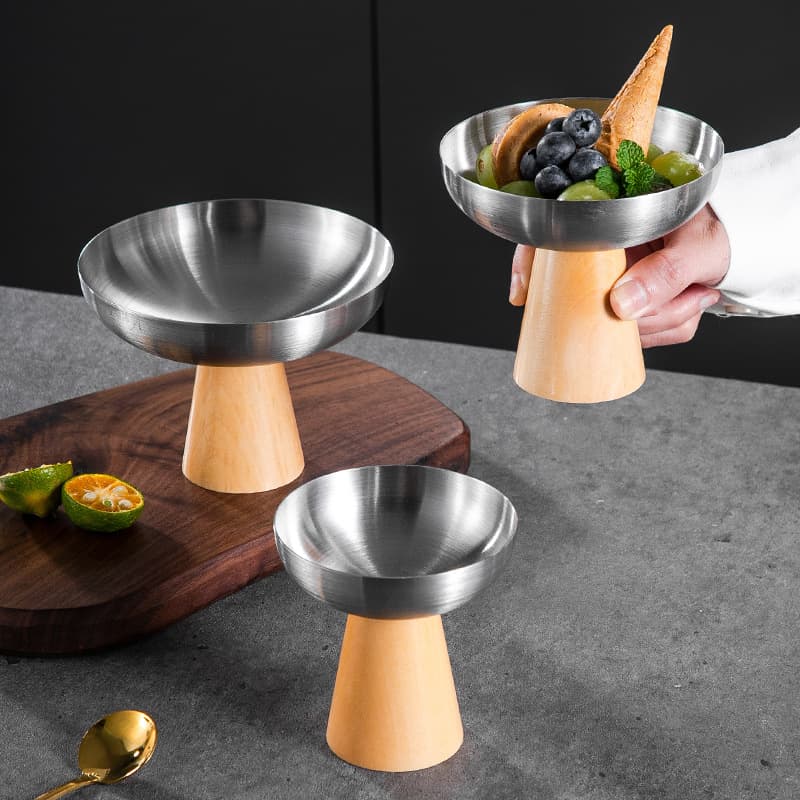 Pudding 304 Stainless Steel Dessert Cup with Wooden Stem, Ice Cream Bowl for Restaurants and Hotels, Salad Bowl