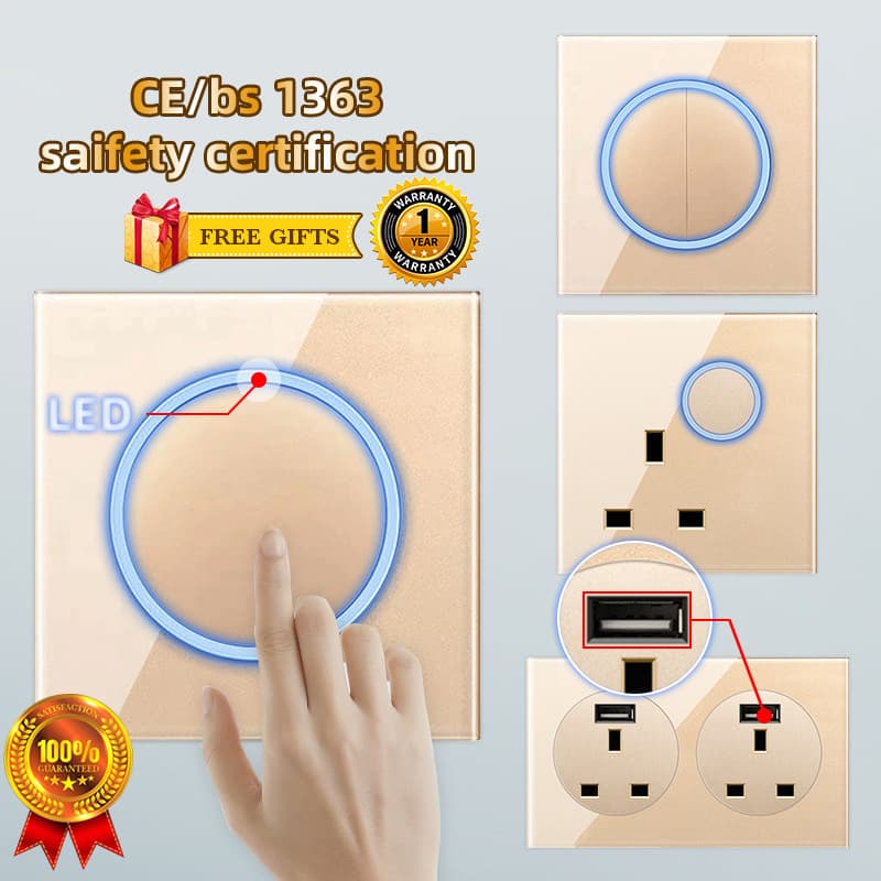 Wall socket universal 3-hole socket dimming electric light wall switch glass panel LED indicator light G12 gray