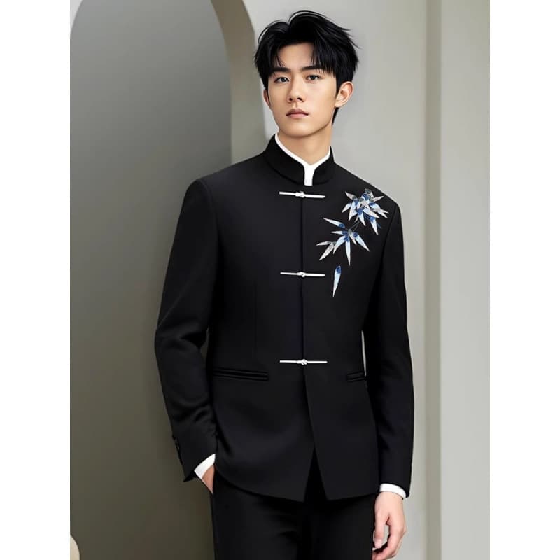 New Chinese Style National Style Men's Clothing Chinese Style Loose Green Bamboo Shoulder Pad Suit Jacket Men's Zhongshan Suit Set Top Stand Collar