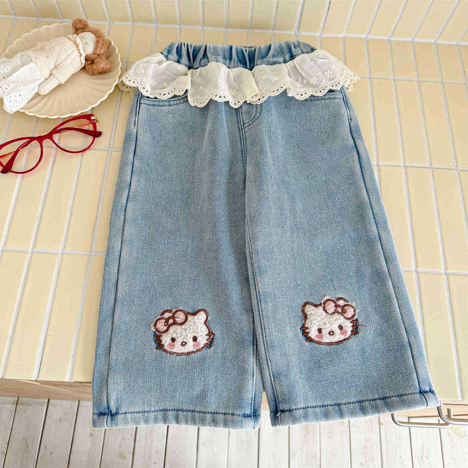 Kids' Jeans 2026 New Style Baby Girl Lace Trim Patchwork Jeans Cute Cartoon Trendy Straight Leg Pants