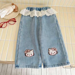 Children's Jeans 2026 New Baby Girl Lace Trim Denim Pants Cute Cartoon Straight Leg Trousers