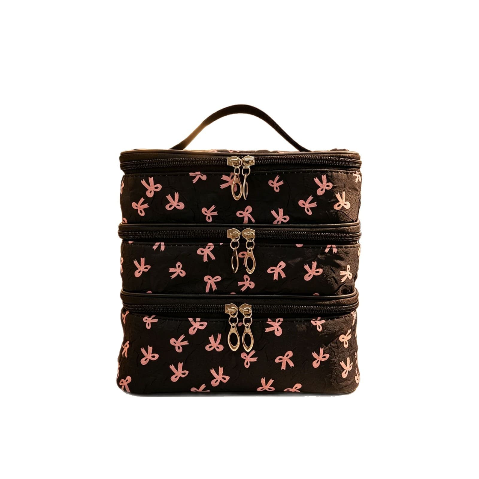 Cute 3-Layer Handheld Makeup Bag with Bow Print, Large Capacity Skincare Storage and Toiletry Bag for Home and Travel