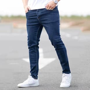 Export Stretch Denim Jeans for Men Washed Tapered Fit Slim Jeans Men's Dark Blue In Stock Direct from Factory