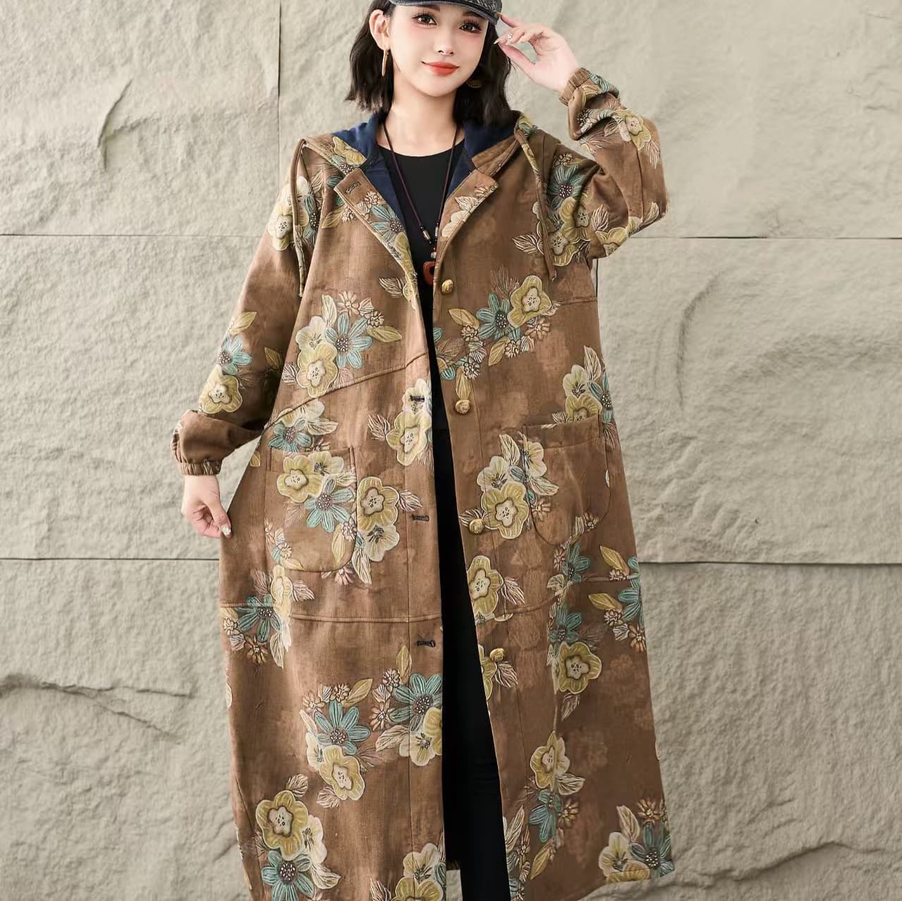 Winter linen digital print long fleece-lined single-break hooded loose women's plush trench coat