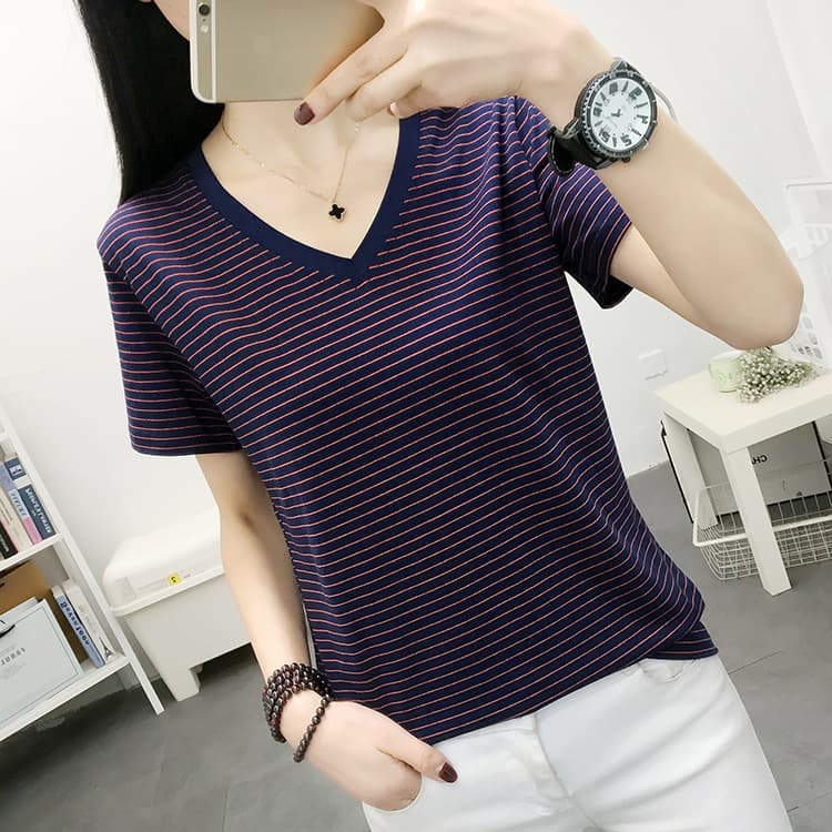 plus Size Women's Cotton T-Shirt Summer Loose Striped Short Sleeve Casual Top V-Neck Comfortable Breathable Fashion plus Size