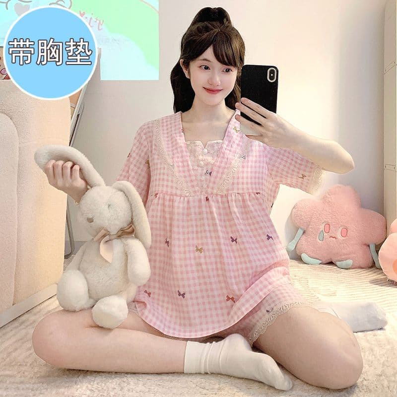 Yunduo cotton pajamas for women summer with breast pads plaid short-sleeved shorts Korean sweet fat mm plus size home wear set