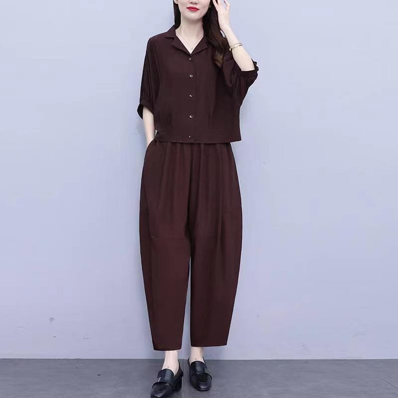 Elegant Fashionable Plus Size Women's Clothing Set Loose-Fit Slimming Age-Reducing Mother's Attire Harem Pants 2-Piece Set