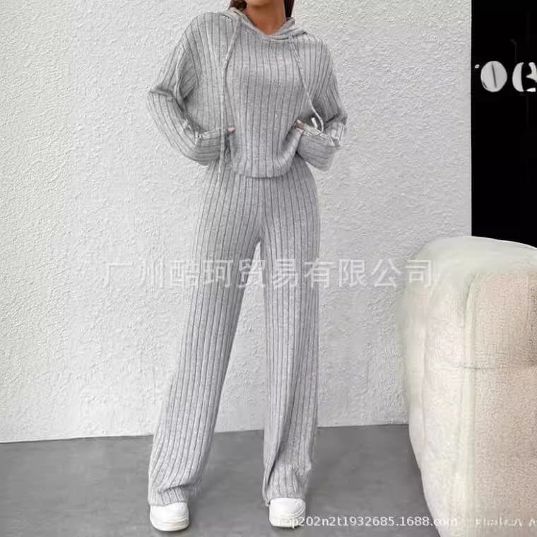 2024 New Casual Knit Ribbed Sanding Hooded Sweatshirt Loose-Fit Long Sleeves Trousers Cross-Border European American Autumn/Winter