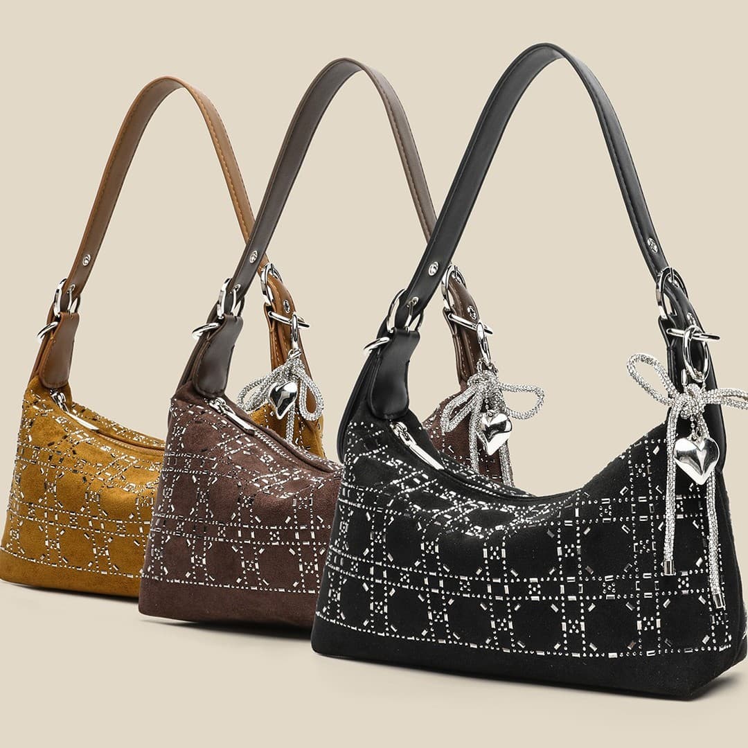 Customized deerskin velvet hand-held shoulder bag for women, rhinestone decorated beaded armpit bag, autumn and winter crescent moon dumpling crossbody bag