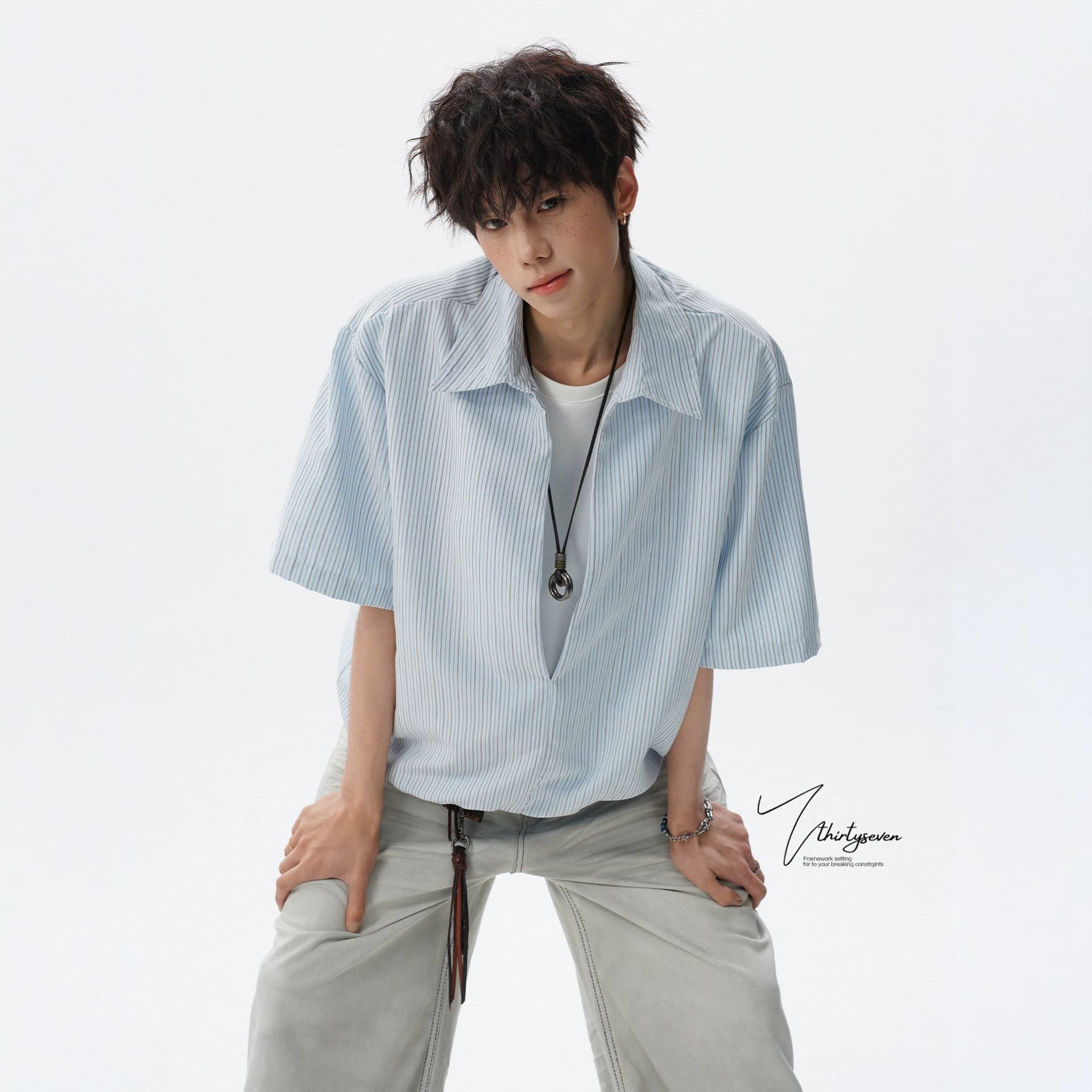 Old Money Urban Relaxed Half-Placket Shirt Men Summer Japanese Street Style Elastic Hem Short Sleeve Shirt Handsome