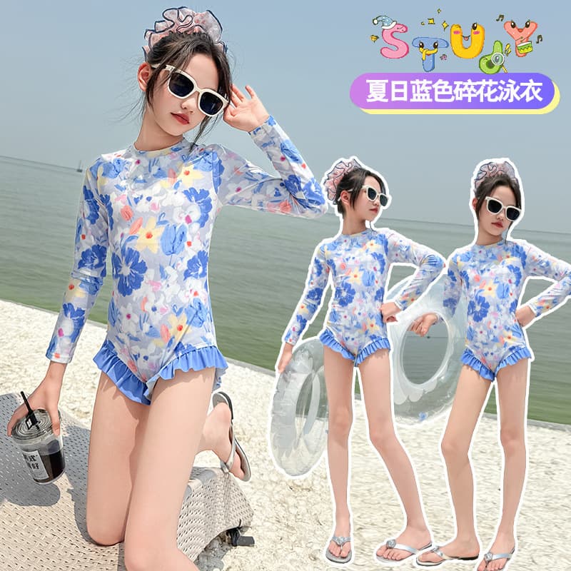 Girls' Swimwear Summer 2025 New Style Children's Swimsuits with Padded Bra, Long Sleeve One-Piece Swimsuits for Older Girls