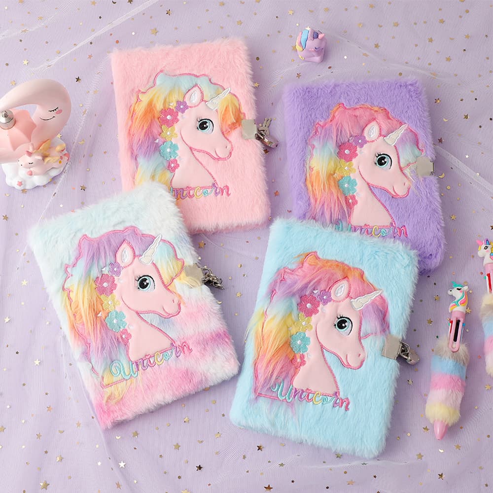 Cartoon unicorn plush notebook cross-border children's writing hand-painted hand ledger student learning record book with lock