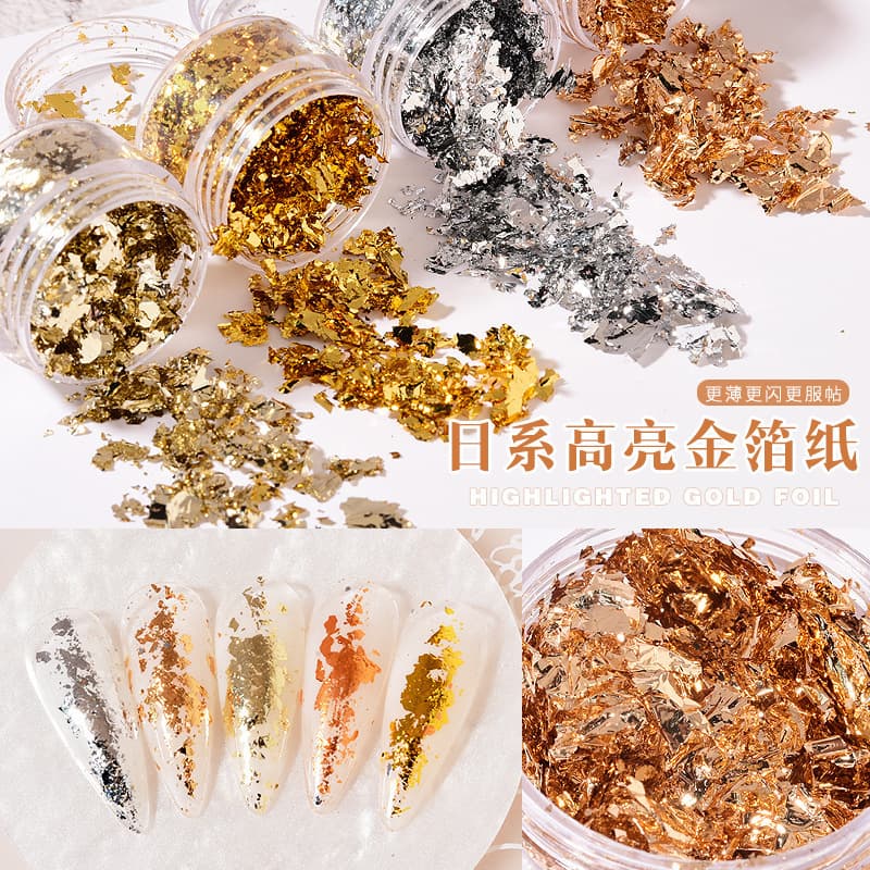 Gold Foil Paper Nail Art Decorations, Gold and Silver Foil Fragments, Popular Shell Nail Polish Gel Decoration Stickers, Glitter