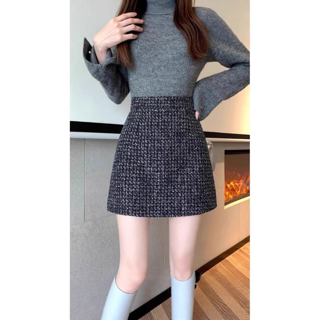Chanel-style Tweed Short Skirt for Women, Fall/Winter Petite Slimming High-Waist A-Line Wool Midi Skirt