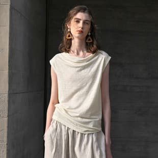 100% Hemp One-Shoulder Draped Neck Knit Short-Sleeve Top Summer High-End Lightweight Sheer Fitted French Casual Blouse