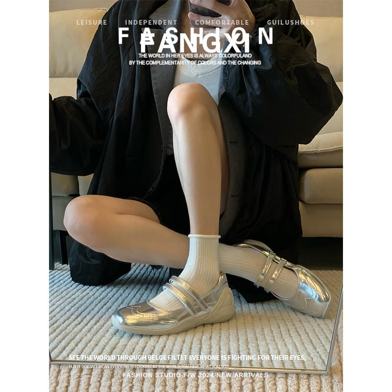 Genuine Leather Sheepskin Shallow Ballet Silver Casual Sneakers Mary Jane Shoes Thick-Soled Square-Toe Women's Flat Shoes Soft