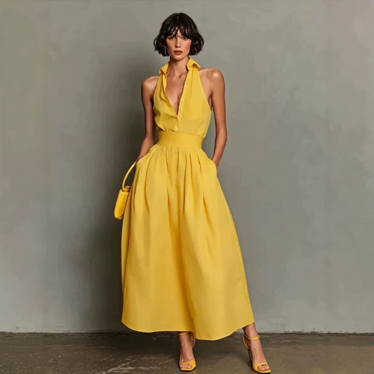2026 Amazon European and American cross-border new summer solid color casual trendy sexy sleeveless shirt collar dress for women