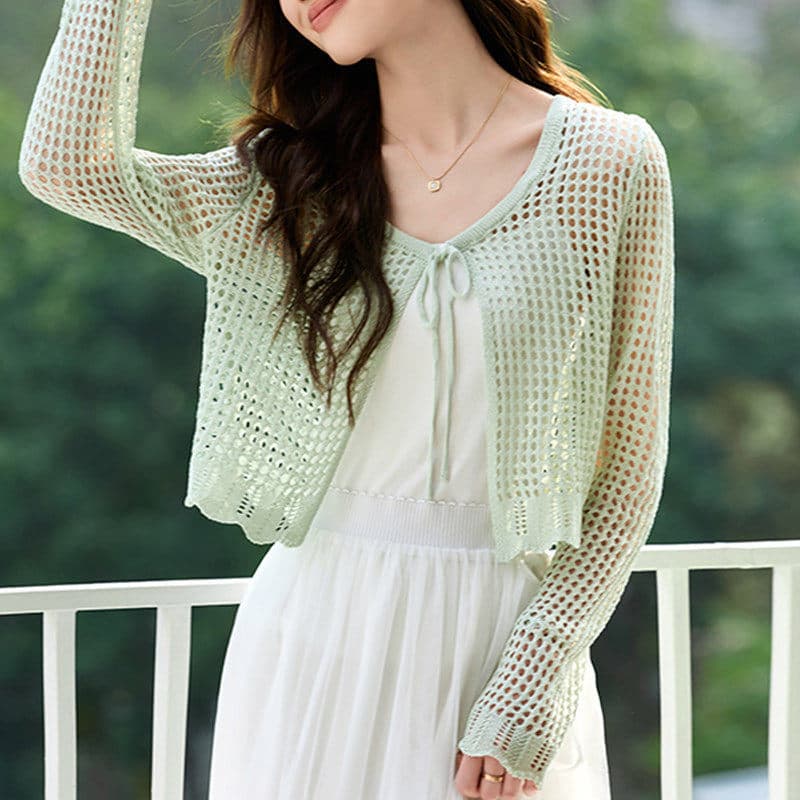 Slip Dress with Knitted Shawl for Women, Hollow-out Tie-dyed Ice Silk Vest, Summer Long-sleeve Sun Protection Cardigan, Hollow-out Top