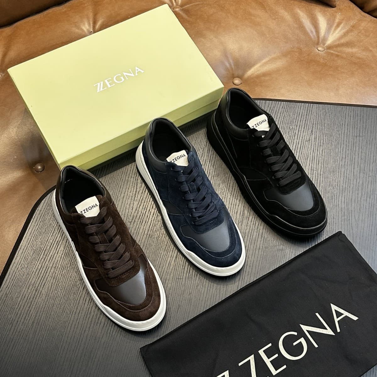 ZEGN New Men's Patchwork Leather Fashion Sneakers Suede Cowhide Simple Versatile Casual Shoes