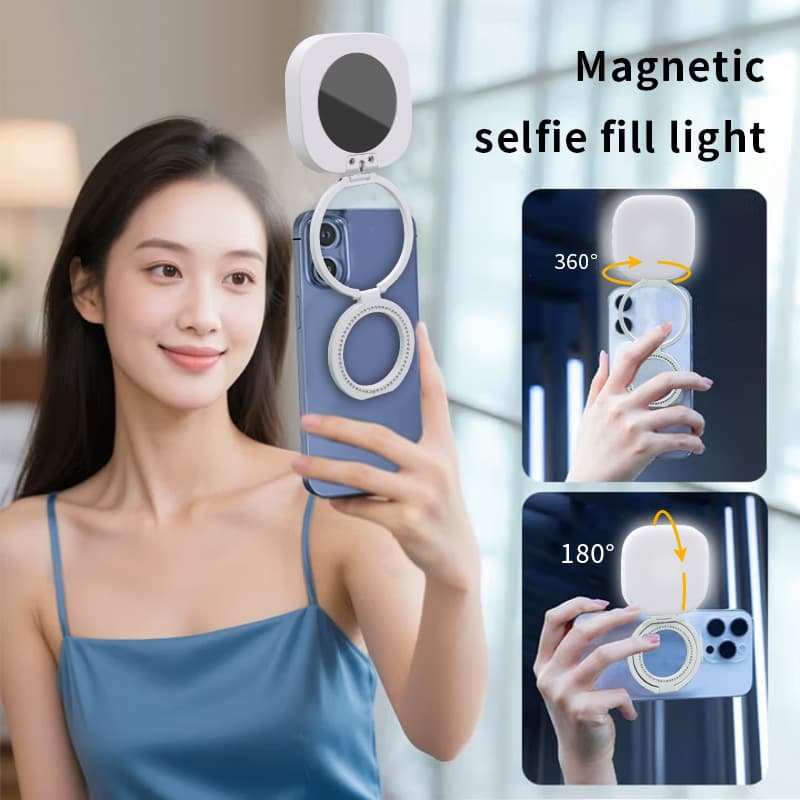 Magsafe Magnetic Phone Fill Light Diamond-Inlaid Lithium Battery Makeup Mirror Foldable Video Conference Live Streaming Pocket Light