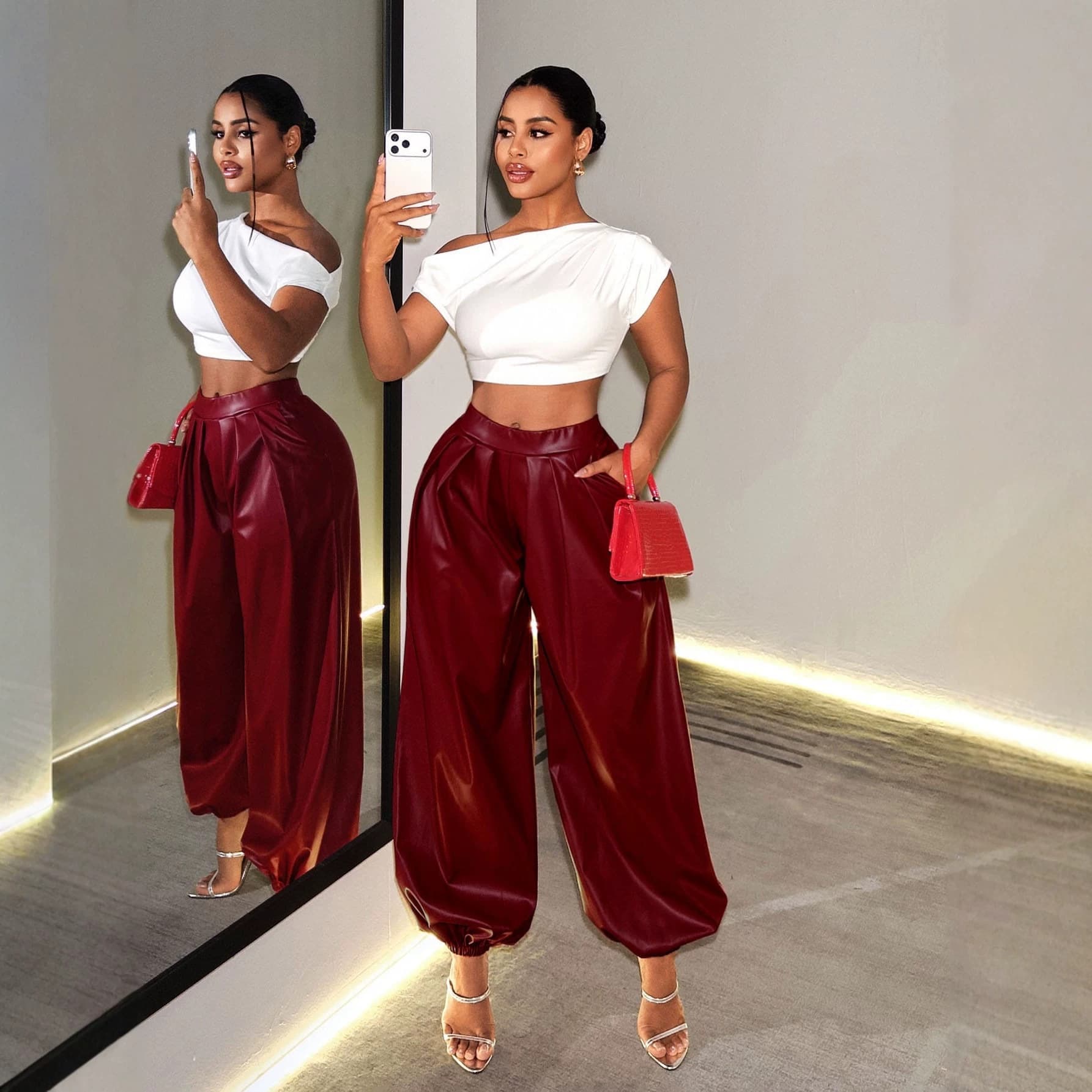 New 2026 Spring Autumn Women's PU Leather Pants European American Fashion Casual Loose High Waist Lantern Pants Amazon Lazy Style