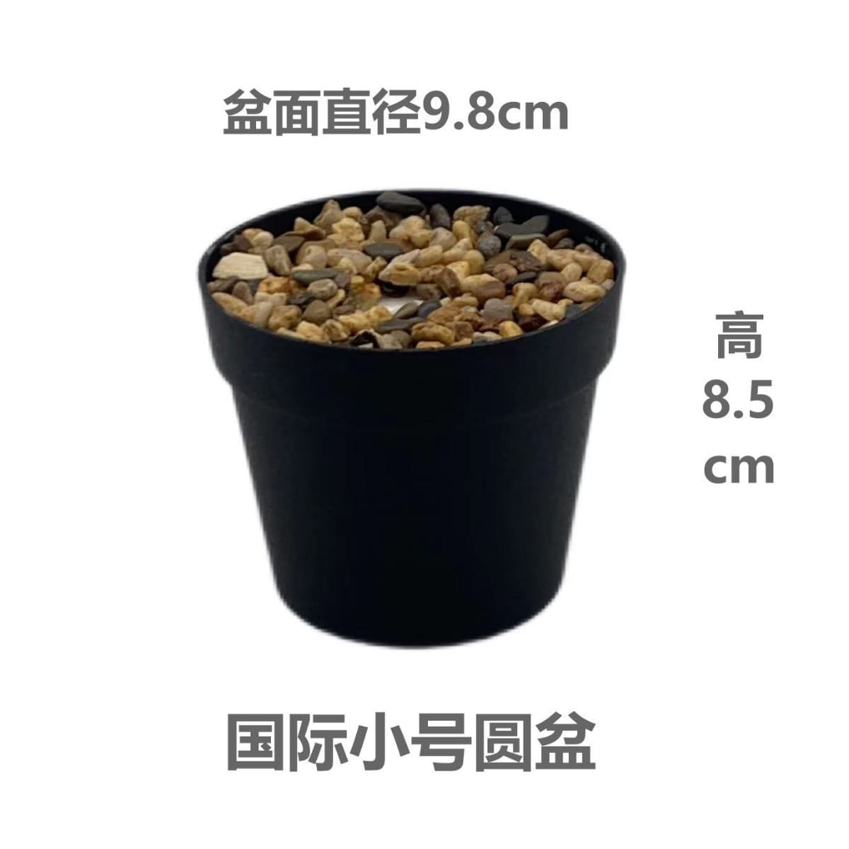 Artificial Green Plant Plastic Flower with Black Pot, Plastic Foam, Small Pebbles, International Round Pot Desktop Decoration