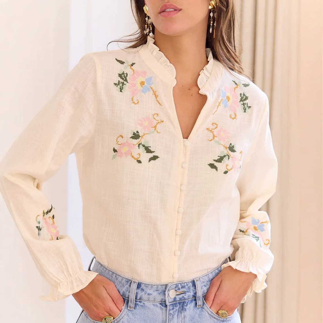 European and American foreign trade women's spring and autumn new French long-sleeved shirts for women stand-up collar embroidered retro versatile linen shirts