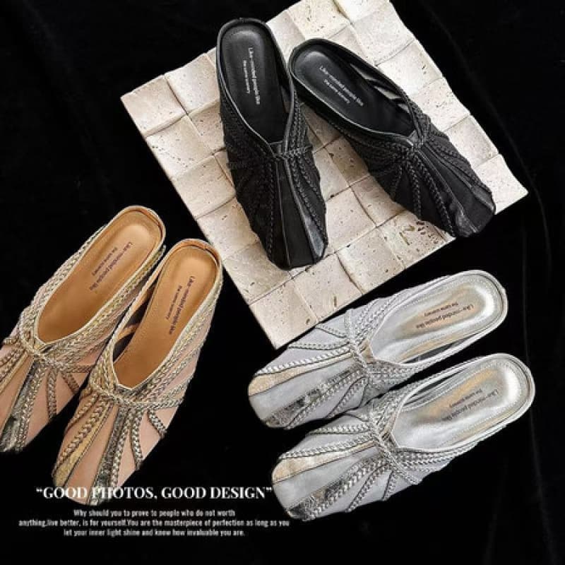 Very comfortable closed-toe sandals for women, fashion woven silver square toe low heel flat genuine leather with inner height increase gold
