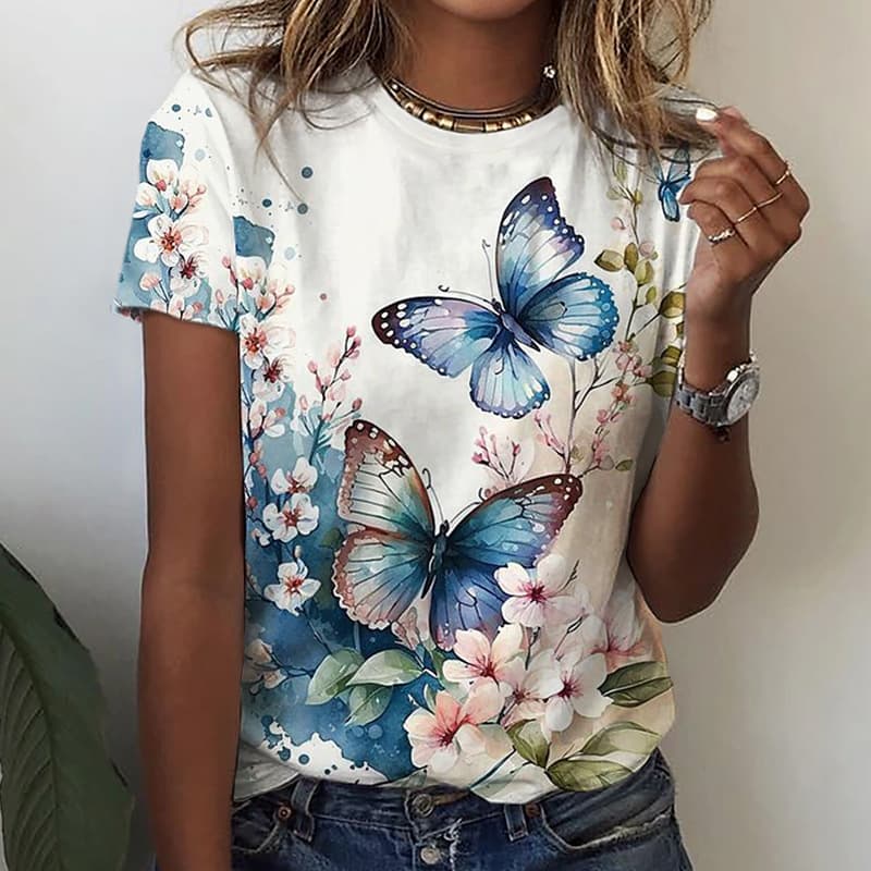 New Women's Short Sleeve Casual 3D Printed Butterfly Loose Ladies T-Shirt 2023 Factory Direct Sales Wholesale
