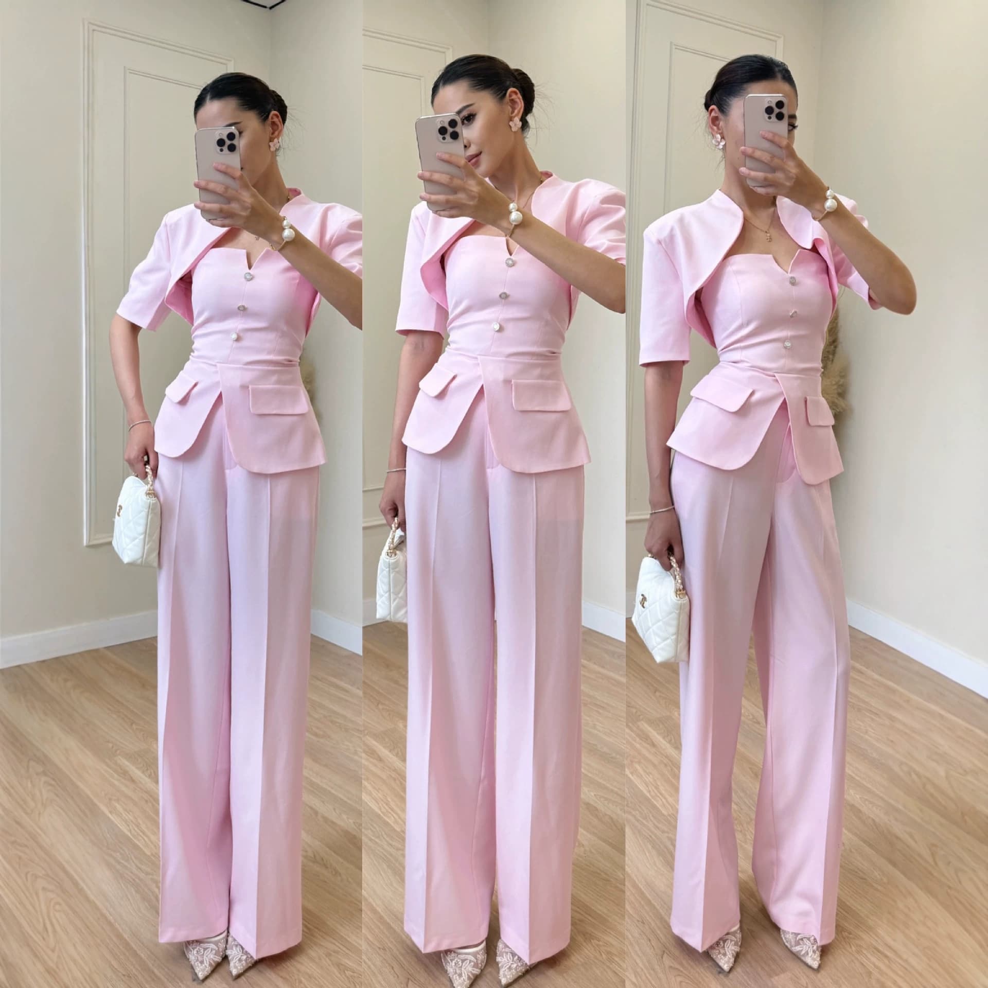 2026 Autumn New European and American Women's Office Smart Commute Short Sleeve Stand Collar Button Fashion Top Straight Leg Pants Two-Piece Set