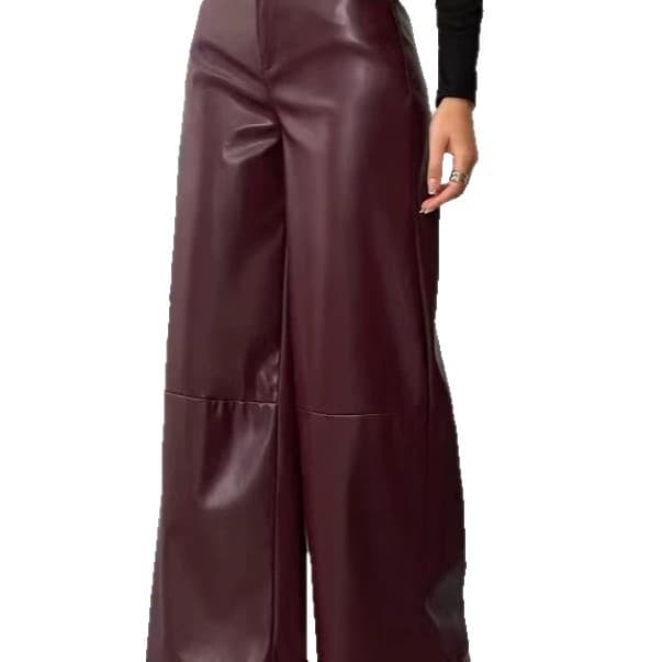 Retro Fashion Wide-Leg Leather Pants for Women, European and American High-Waist Slim Fit Wrap Leather Pants
