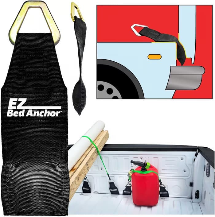 EZ Bed Anchor anchors secure ratchet belts, tie belts, or cargo belts to the truck bed tailgate.