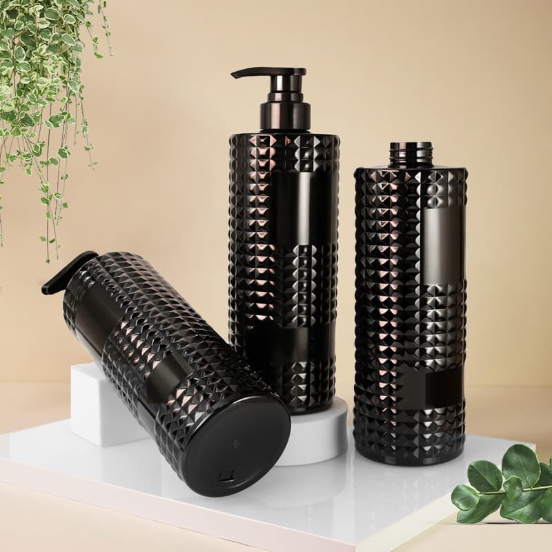 750ml black striped shampoo bottle 32 teeth pump shower gel sub-bottle PET flat shoulder cylindrical lotion bottle