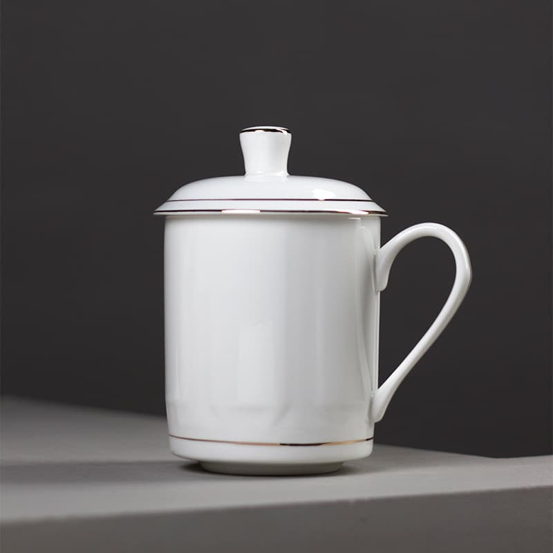 Pure White Bone China Tea Water Cup Home Office Cup Gold Rim Ceramic Lid Boss Cup Large Capacity Drinking Lid Cup Tea Cup
