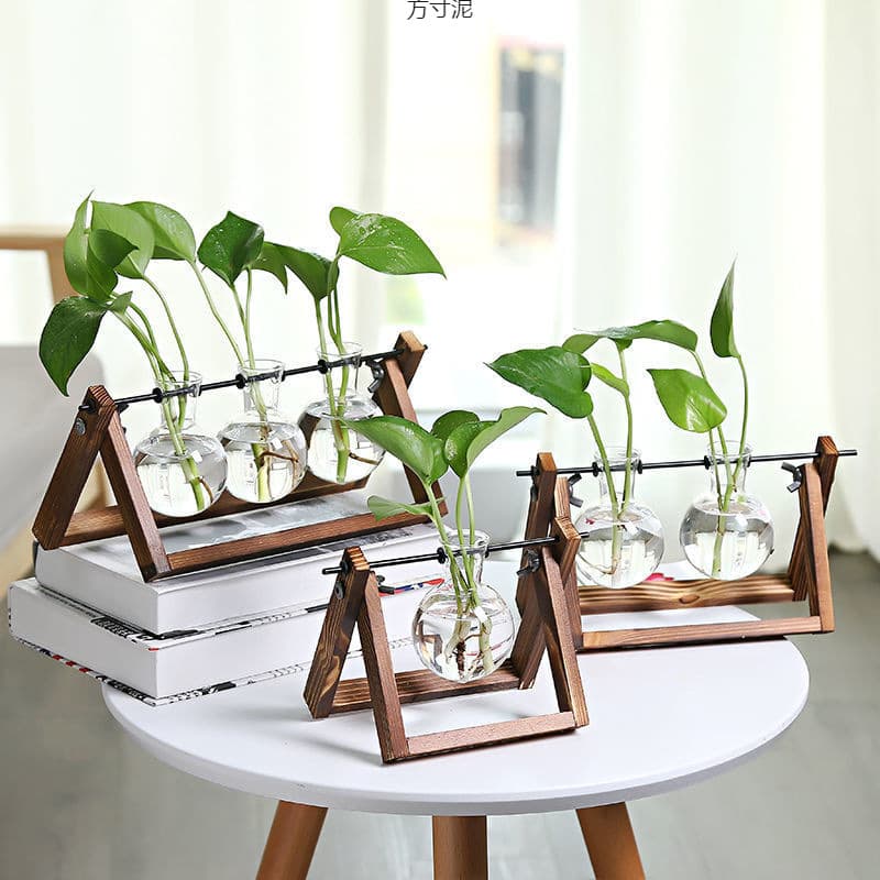 Wood Frame Hydroponic Vase Pothos Glass Container Office Desktop Green Plant Modern Decoration Wholesale