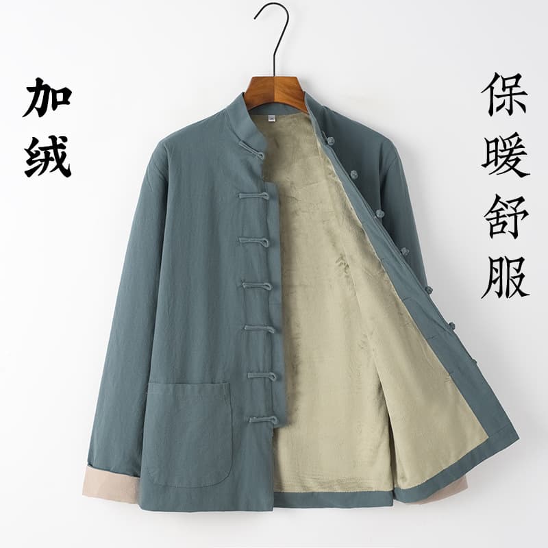 Middle-aged and elderly autumn and winter Tang suit for men, fleece-lined thick warm jacket, Chinese-style stand-up collar frog-button men's top.