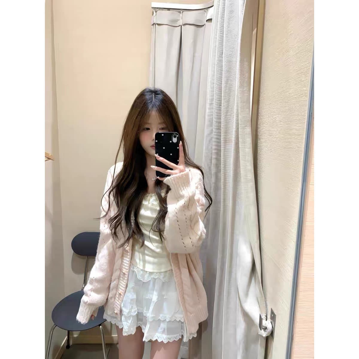 Net price#Alpaca#Gentle style sweet pink V-neck sweater jacket for women loose age-reducing twist knitted cardigan