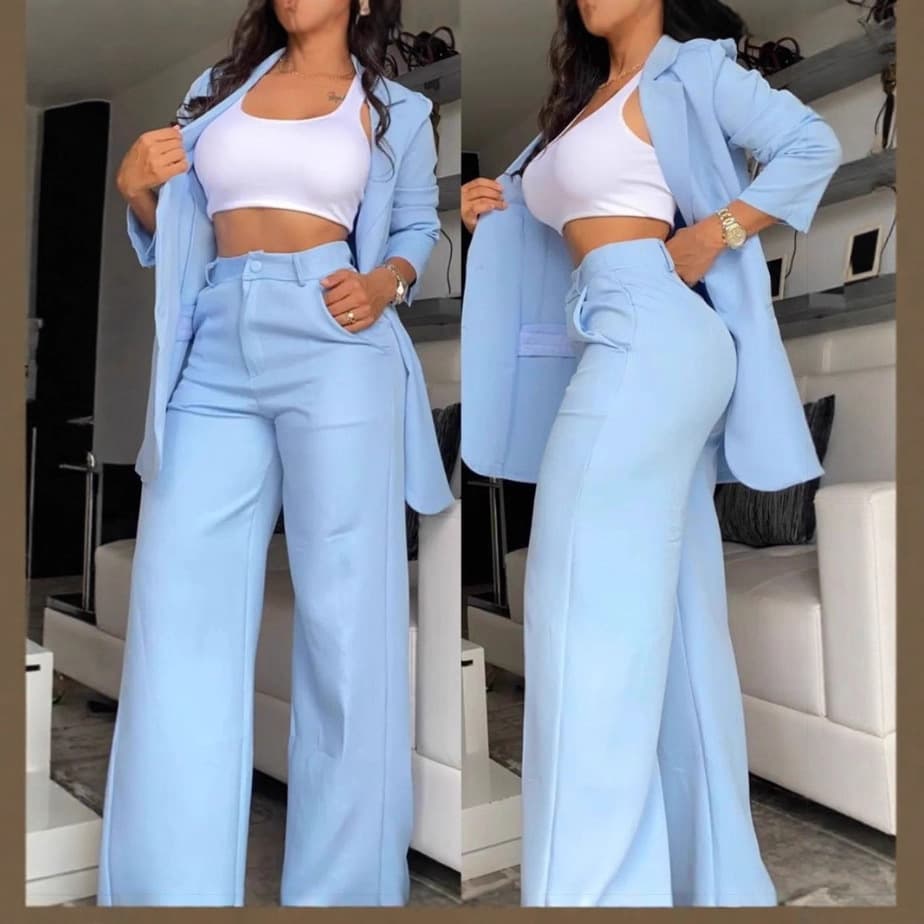Cross-border 2025 European and American foreign trade summer women's clothing, elegant and solid color split sleeve lapel suit straight pants suit for women