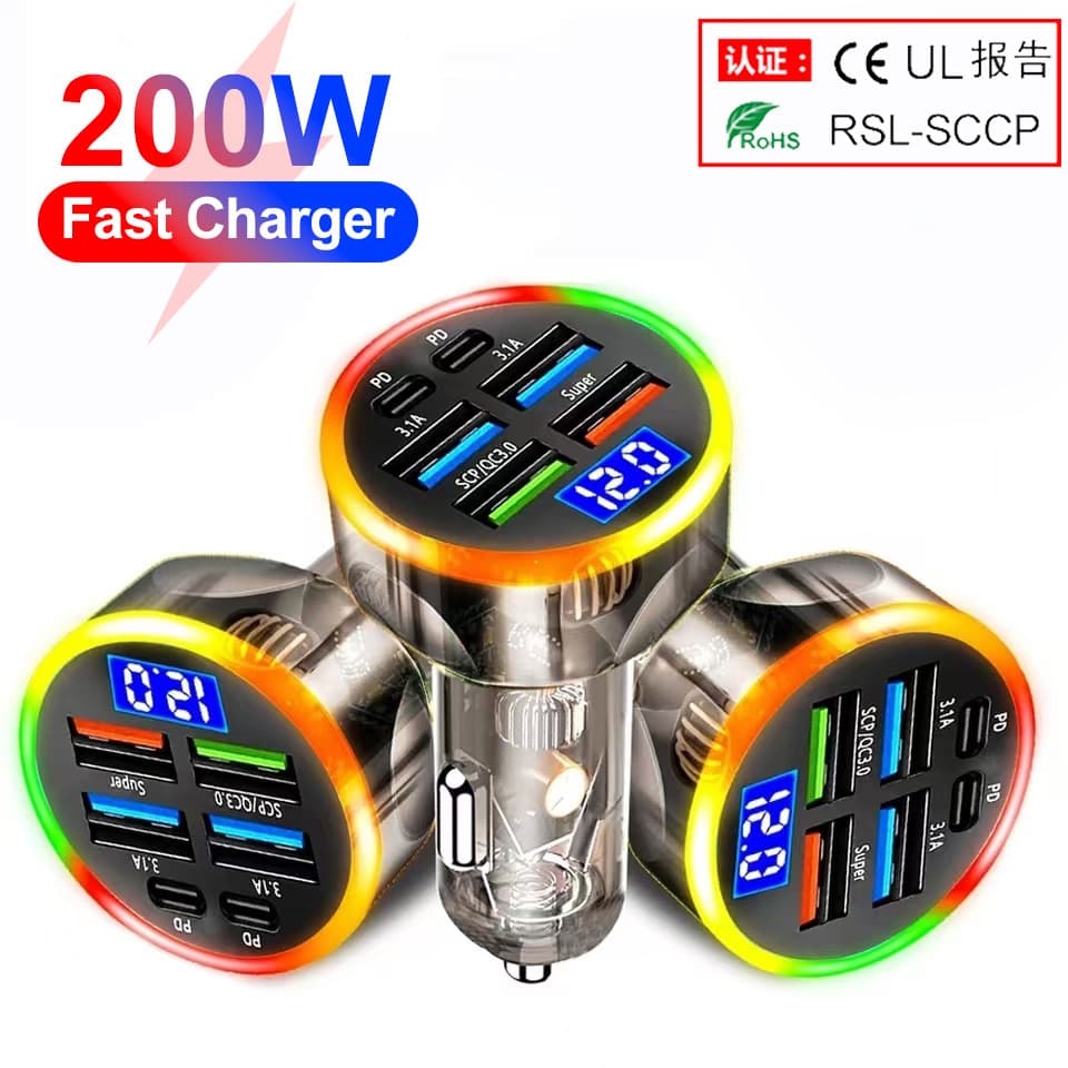 Set 6 USB Colorful Digital Display Supports Super Fast Car Charger with Voltage 6-in-1 Fast Car Charger