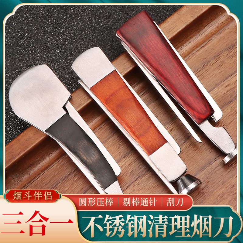 Stainless Steel 3-in-1 Red Wood Pipe Tamper, Poker, Scraper Tool for Pipe Accessories Wholesale Cigar
