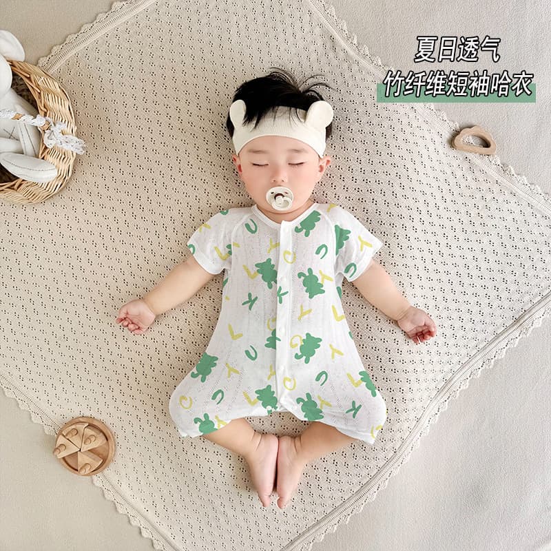 Summer Breathable Bamboo Fiber Baby Bodysuit for 3-24 Months, Newborn Seamless Short Sleeve Romper