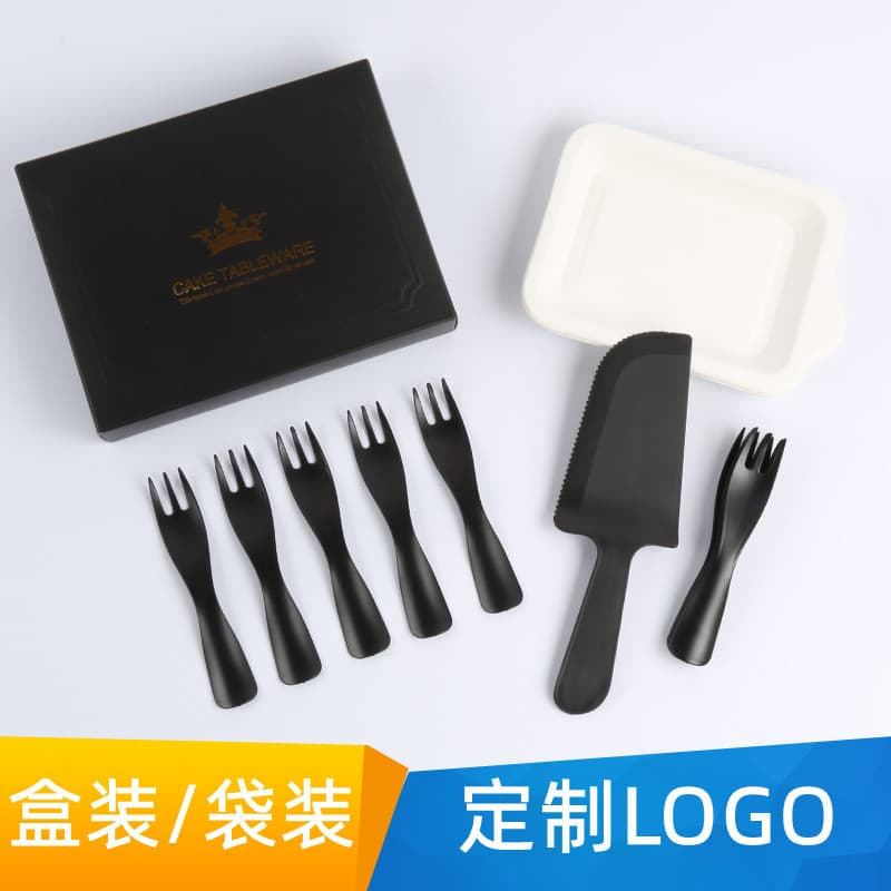 Disposable Utensil Set with Wavy Fork, Birthday Cake Knife, Fork, Plate Set in Boxed Rectangular Trays for Cake Shop Tableware