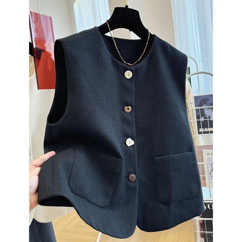 2026 Spring and Autumn Temperament Round Neck Small Suit Vest Jacket Women French Temperament Sleeveless Waistcoat Outerwear