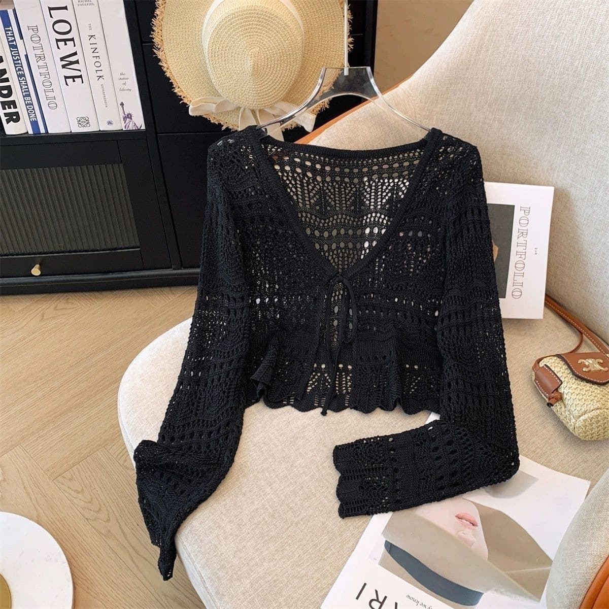 Summer New Ice Silk Knit Cardigan Women Loose Korean Style Thin Long Sleeve Short Hollow Out Sun Protection Jacket Shawl Outerwear