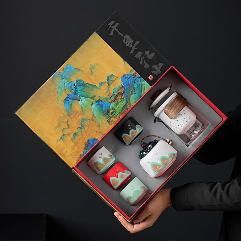 Hand-painted Distant Mountains National Trend Kung Fu Tea Set Complete Gift, Business Present for Leaders, Teachers, or Father, One Pot Four Cups