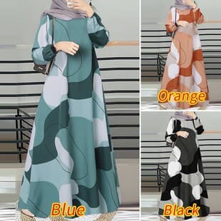 In Stock Cross-Border New Style Printed Robe Dress Full Sleeve Round Neck Long Robe Long Dress Factory Wholesale