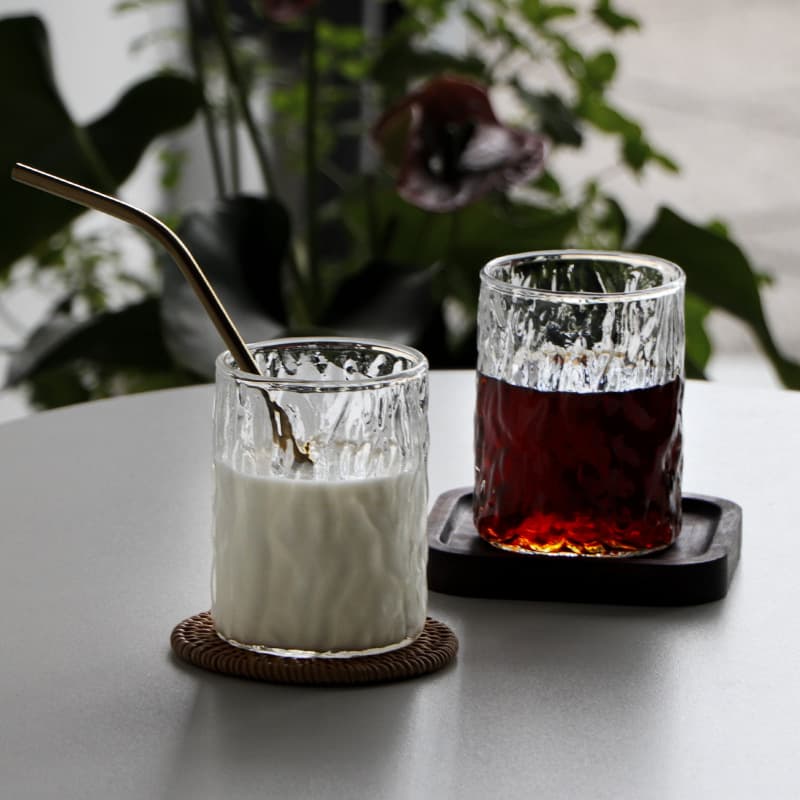 Japanese Hammered Glass Cup 300ml Tree Stump Wood Grain Cup Summer Iced Coffee Cup Heat-Resistant Transparent Water Cup