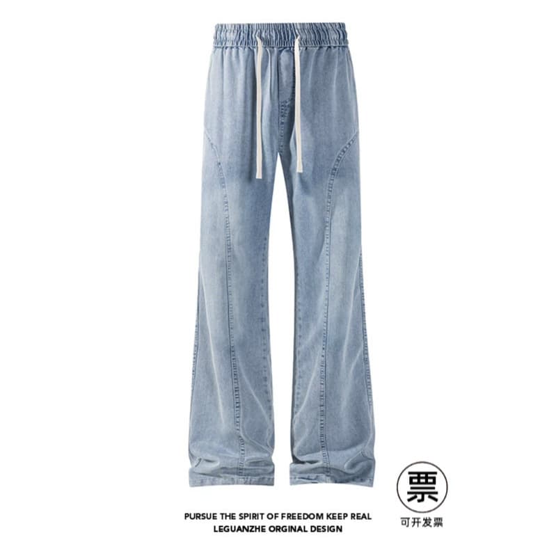 American Retro Draped Washed Denim Jeans for Men, Summer Patchwork Trendy Cleanfit Drawstring Wide-Leg Casual Pants