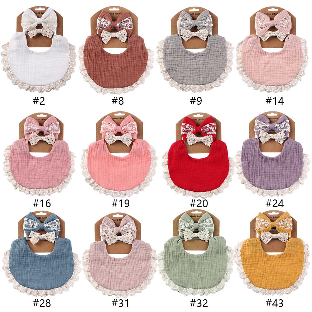 Baby Drool Bib Lace Headband Set, Pure Cotton Wrinkle Fabric Solid Color Double-Sided Waterproof Bib, Baby Anti-Spit-Up Apron