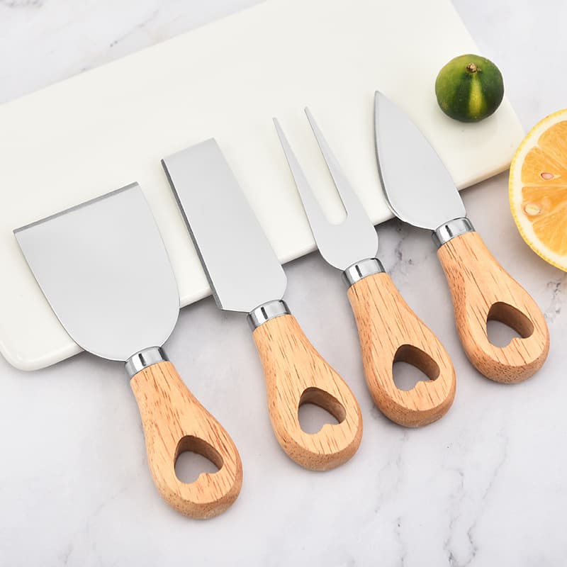 Rubber Wood Handle Cheese Knife, Home Cheese Heart Butter Knife, Creative Square Pizza Knife, Cake Cheese Knife Fork Spatula